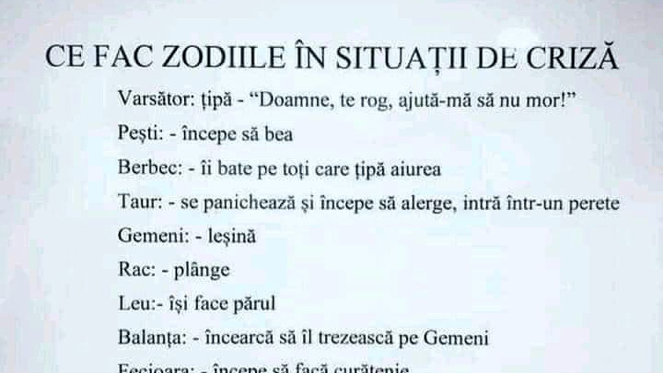 Bancul sfârșitul de săptămână | Ce fac cele 12 zodii în situații de criză