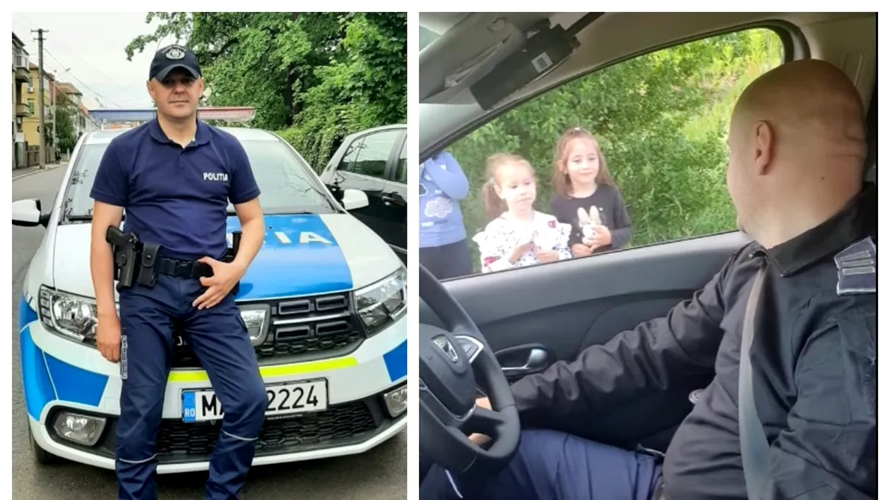 Imagini virale cu polițistul „magician” al copiilor. Cine este Viorel Teacă, omul legii din Sibiu apreciat de toți cei mici și cum își face meseria. VIDEO