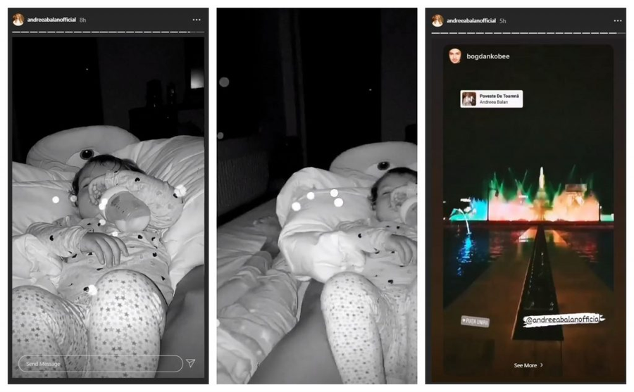În timp ce la Pro TV erau difuzate imaginile cu revenirea focoasei brunete de care George Burcea s-a îndrăgosit, Andreea Bălan adormea fetițele pe care le are cu actorul. La aproape 02:00 dimineața a distribuit o filmare postată de un prieten © Instagram Stories