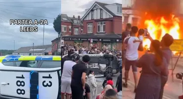 Românii au făcut dezastru în Marea Britanie! Haos pe străzi, au răsturnat o mașină de poliție: „Să vină mascații de la București”