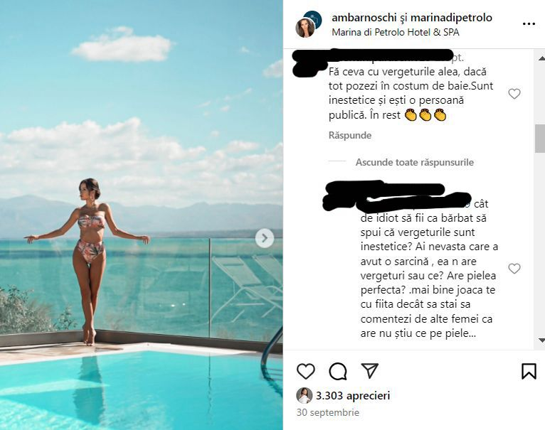 Ana Maria Barnoschi, taxată aspru pentru apariția la piscină. Un fan, nemulțumit de câte vergeturi are
