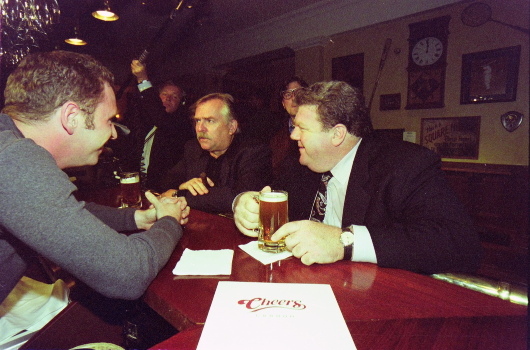 Cheers Stars John Ratzenberger and George Wendt 

Material must be credited "The Sun/News Licensing" unless otherwise agreed. 100% surcharge if not credited. Online rights need to be cleared separately. Strictly one time use only subject to agreement with News Licensing,Image: 1001649402, License: Rights-managed, Restrictions: Usage is subject to our terms and conditions. Electronic storage is prohibited., Model Release: no