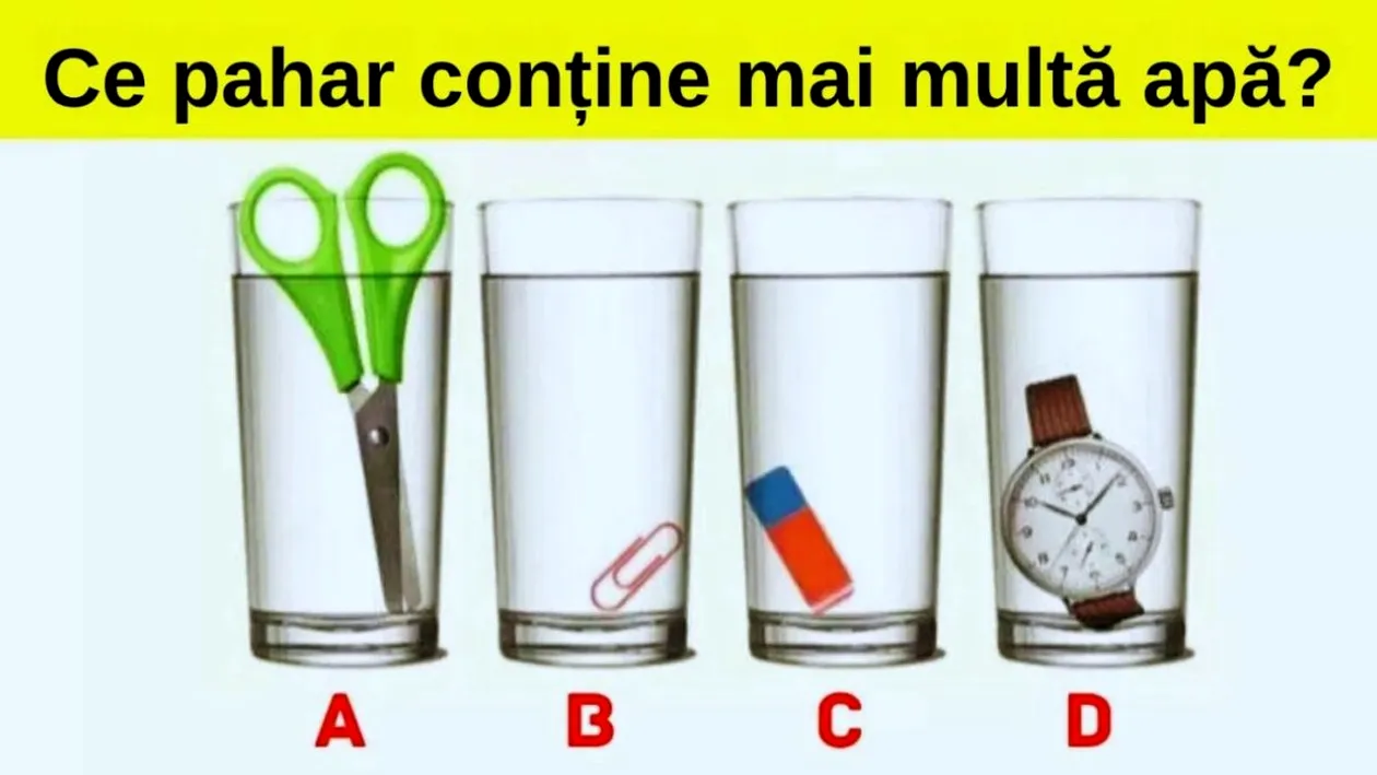 Test pentru genii | Ce pahar conține mai multă apă? Răspunsul nu durează nici 3 secunde