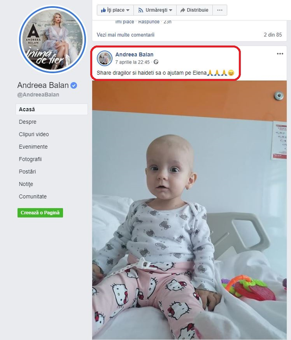 Andreea Bălan, mărturisire tristă: “Haideți să o ajutăm pe Elena”. Micuța de 9 luni a fost diagnosticată cu un tip rar de cancer