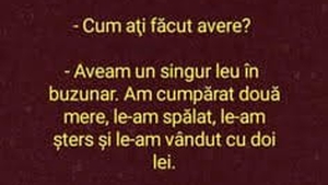 BANC | "Cum ați devenit milionar?" "Aveam un singur leu în buzunar. Am cumpărat două mere, le-am spălat și.."