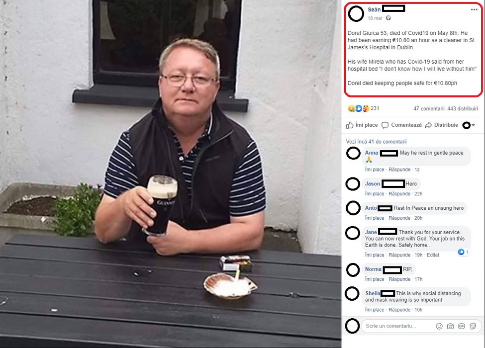 Un fost militar român, răpus de coronavirus în Irlanda, unde lucra într-un spital. Mărturiile cutremurătoare ale soției sale