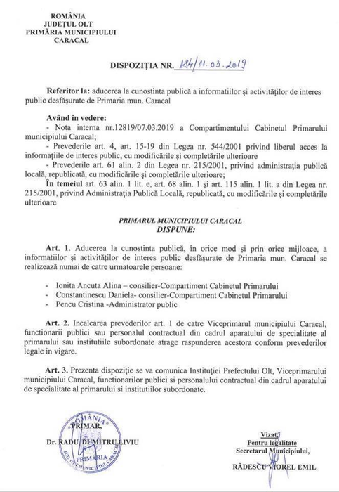 Dispoziția prin care primarul stabilește care sunt singurele persoane ce pot face publice informații despre activitățile derulate de primărie