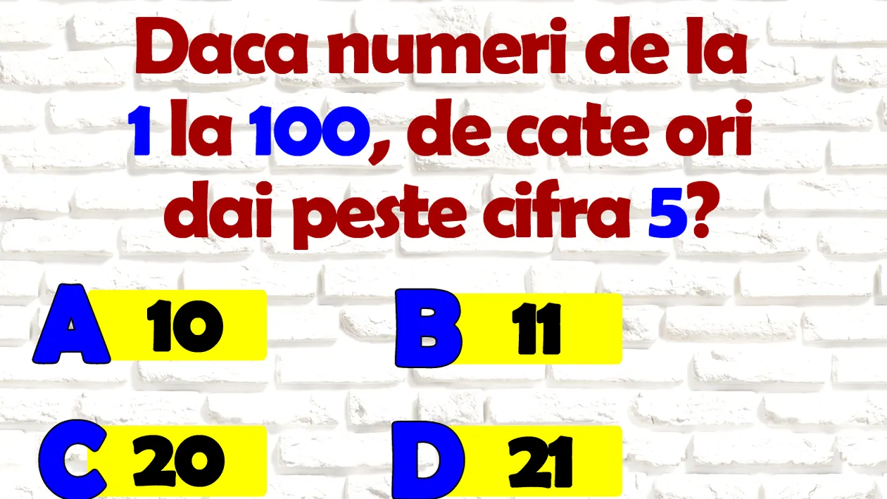 Test de inteligență | Dacă numeri de la 1 la 100, de câte ori dai peste cifra 5? 9 din 10 oameni greșesc!