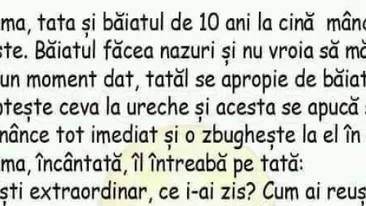 BANC | Mama, tatăl și fiul iau cina împreună