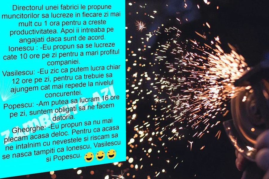 Bancul zilei de vineri, 4 decembrie 2020: Propunerile demențiale ale unor angajați, după ce directorul fabricii le-a spus că ar trebui să lucreze peste program