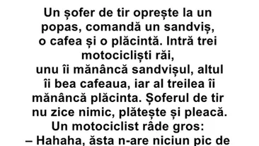 BANC | Un șofer de TIR oprește la un popas și comandă un sandwich, o cafea și o plăcintă