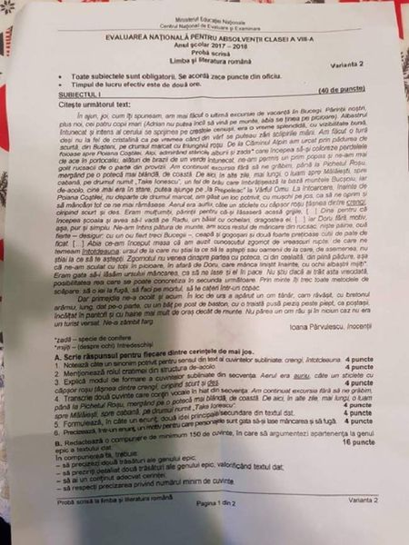 Aceasta este varianta de la limba și literatura română care le-a picat elevilor care au susținut examenul de Capacitate în 2018.