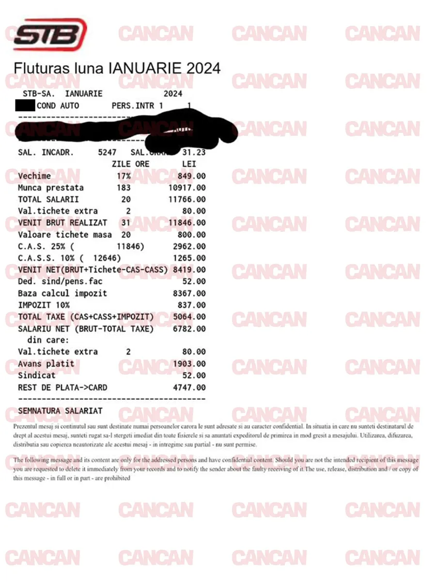 Salariu încasat de un șofer STB în luna ianuarie a acestui an / sursă: Cancan.ro