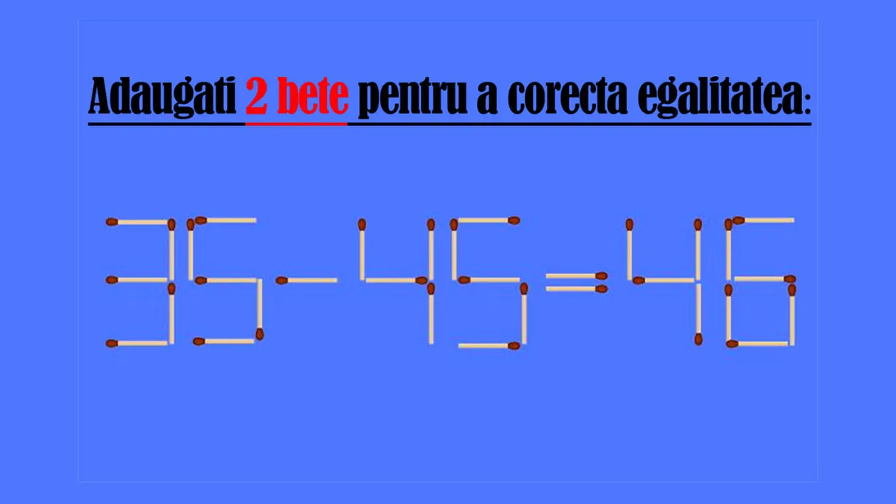 Test de inteligență exclusiv pentru genii | Adăugați 2 chibrituri pentru a corecta egalitatea: 35-45=46