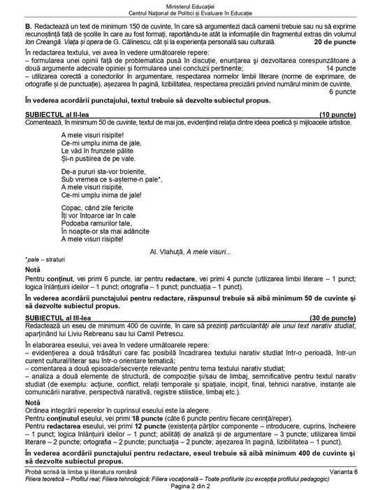 Subiectele și baremele de corectare au fost publicate de Ministerul Educației / foto: Edu.ro