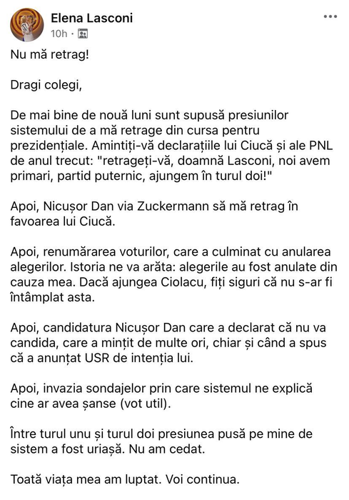 Elena Lasconi nu renunță. Sursa foto: Facebook