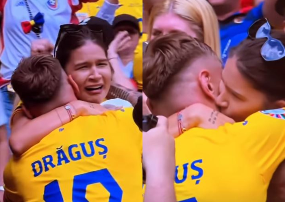 Denis Drăguș este îmbrățișat de soția lui, Vanessa, după încheierea meciului România - Ucraina, 3-0 / sursă foto: capturi video