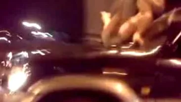 Trei blonde goale excita soferii in timp ce se dezbraca pe capota unui jeep aflat in mers!