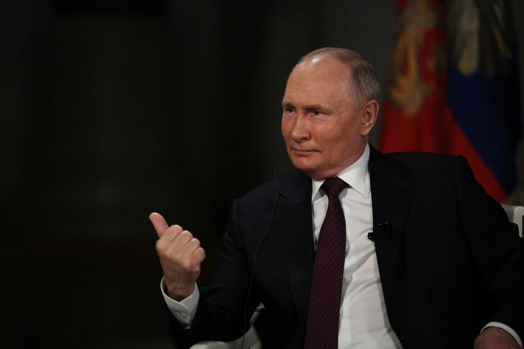 8615143 06.02.2024 Russian President Vladimir Putin speaks during an interview with US journalist Tucker Carlson at the Kremlin in Moscow, Russia. Gavriil Grigorov / POOL