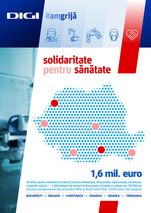 Grupul Digi donează către mai multe spitale din țară echipamente medicale de peste 1,6 milioane de euro și un laborator de testare RealTime PCR