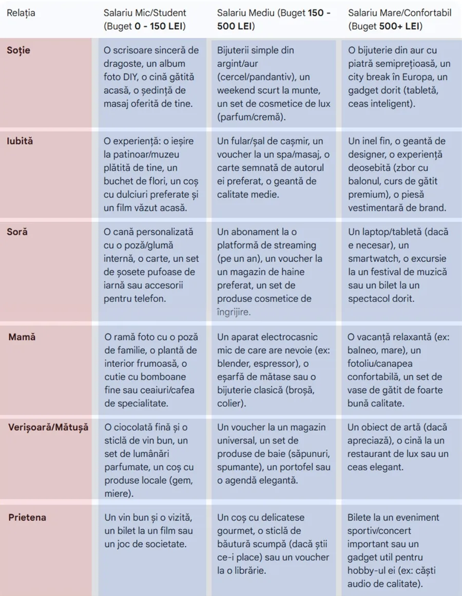 Tabel idei cadouri Crăciun | Ce cadou să îi faci, în funcție de salariul tău și de legătura cu ea: soție, iubită, soră, mamă, verișoară, mătușă sau prietenă