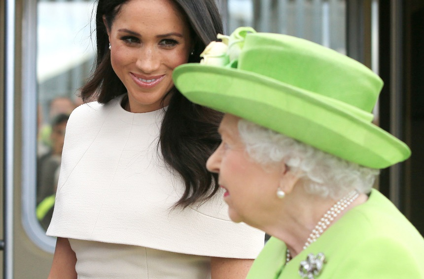 Photo Must Be Credited ©Alpha Press 073074 14/06/2018
Queen Elizabeth II and Meghan Markle Duchess Of Sussex at Runcorn Station in Cheshire 

*** No UK Rights Until 28 Days from Picture Shot Date ***