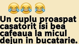 Bancul zilei. Un cuplu proaspăt căsătorit îşi bea cafeaua