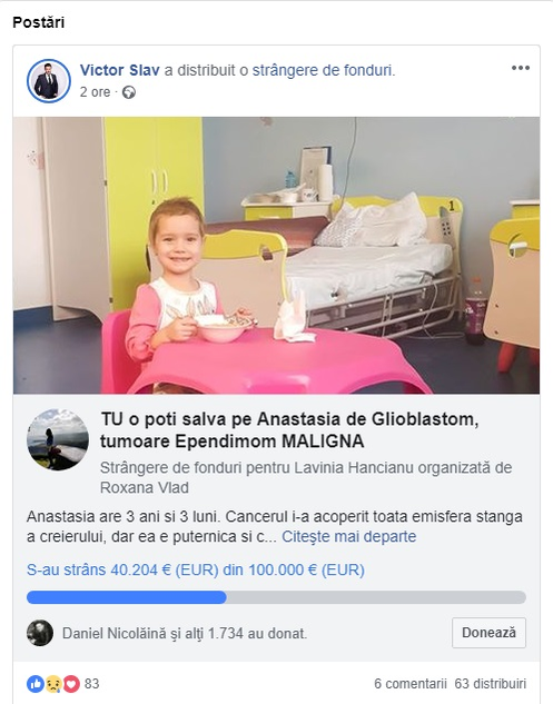 Victor Slav, apel emoționant pentru salvarea Anastasiei, o fetiță de 3 ani care se luptă cu cancerul! “I-a acoperit toată emisfera stângă a creierului”