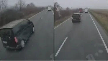 Momentul impactului de pe DN6 a fost filmat. Ce greșeală a făcut microbuzul negru care a intrat în TIR