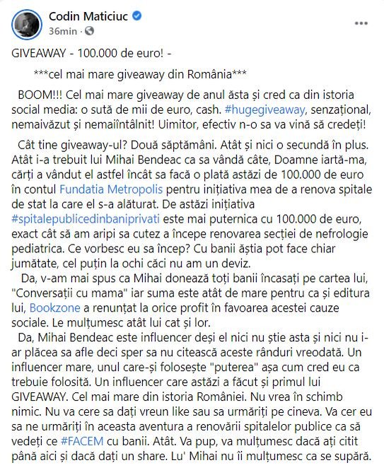 Codin Maticiuc, în culmea fericirii după ce a fost sunat de Mihai Bendeac: “Cel mai mare giveaway din istoria social media: 100.000 de euro”. Singura rugăminte a actorului