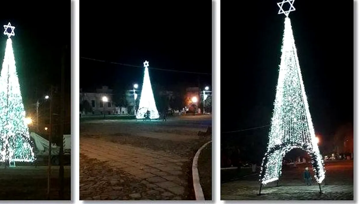 Steaua lui David, înfiptă în vârful unui brad de Crăciun, într-un oraș nu departe de Timișoara. Reacția de senzație a primarului