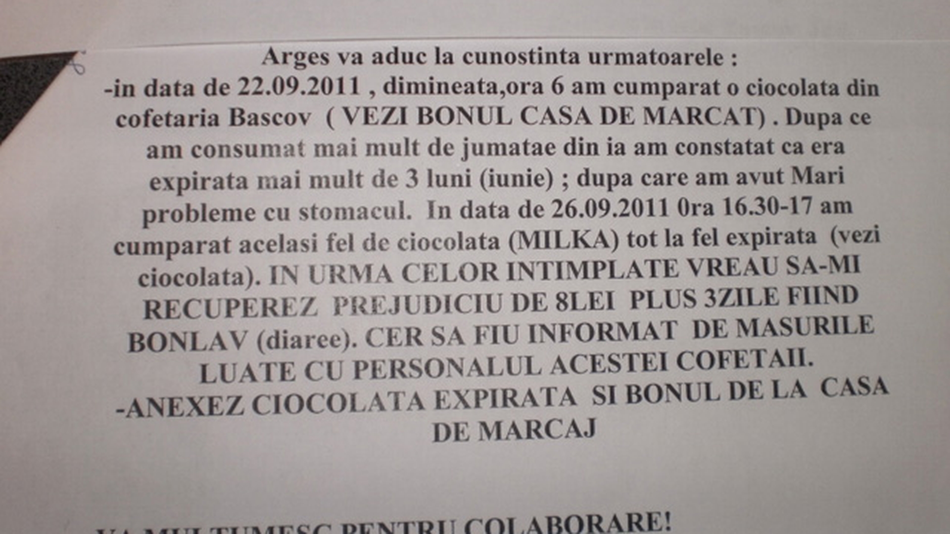 S-a plans la OPC ca s-a stricat la stomac de la ciocolata!