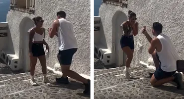 Nu e un banc! Ce a pățit acest tânăr în Santorini, după ce s-a așezat în genunchi pentru a-și cere iubita în căsătorie