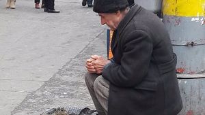 Îngheţat de frig, un bătrânel vinde cimbru şi mărar cu 50 de bani legătura. O tânără a răbufnit când l-a văzut. “Oare porcii cu guşa ghiftuită...”