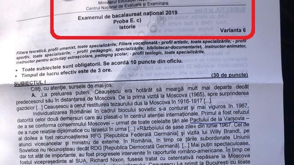 Edu.ro: Subiecte și barem la istorie, la BAC 2019