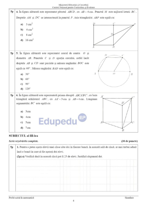 Simulare Evaluarea Națională 2026 subiectele la Matematică. Sursa foto: EduPedu