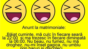 BANC | Anunț la matrimoniale: "Băiat cuminte, mă culc în fiecare seară la 22:00 și mă trezesc în fiecare dimineță la 6:00"