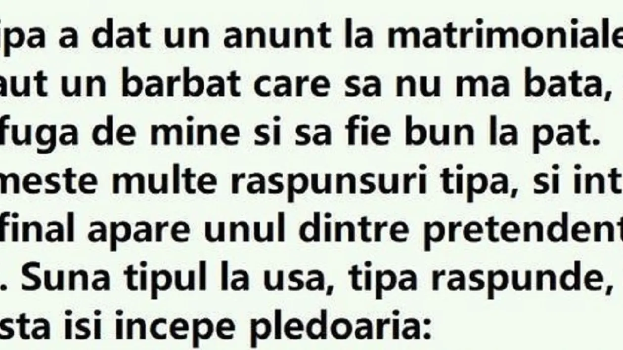 BANC | Anunț la matrimoniale: ”Caut un bărbat care să nu mă bată, să nu fugă de mine și să fie bun la pat”