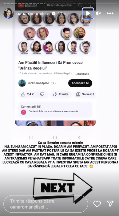 Oana Roman l-a demascat pe vlogger /Foto: Instagram