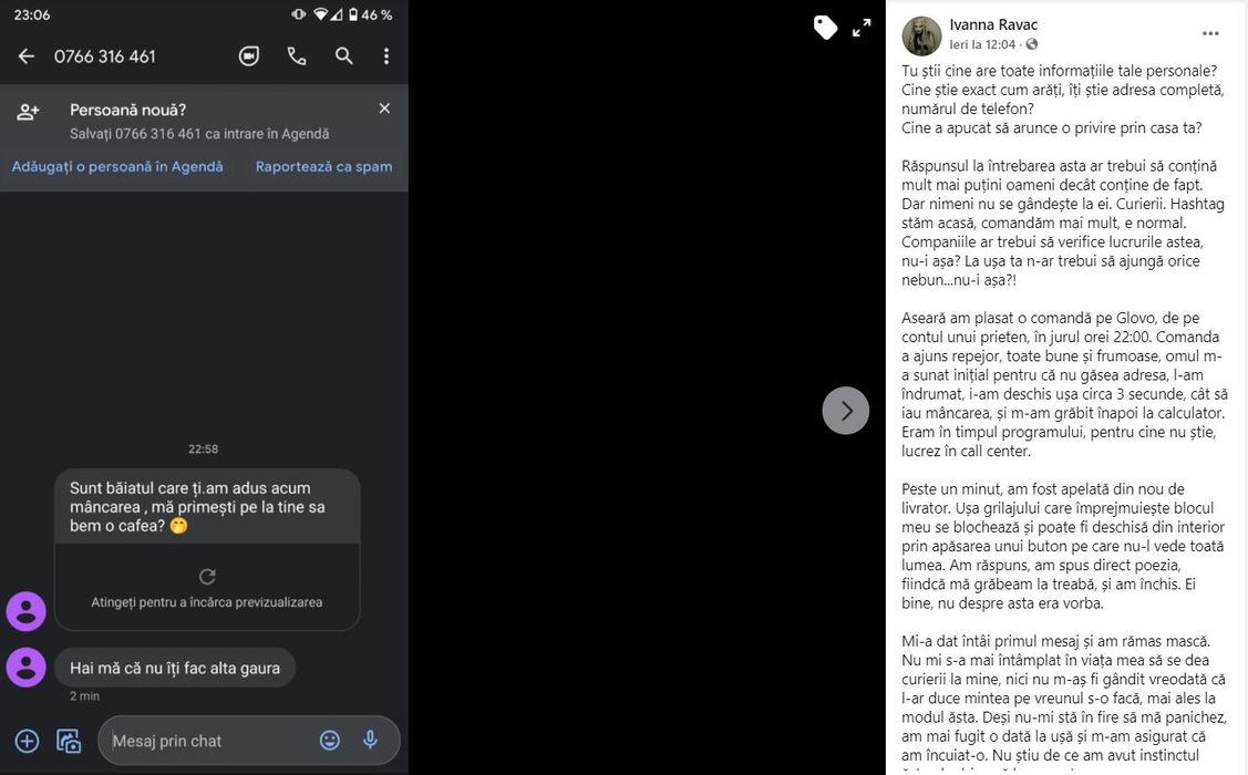 O tânără din București, în pericol după ce și-a cumpărat mâncare prin Glovo: “Individul a urcat și a început să bată din nou”. Ce mesaje i-a trimis bărbatul care i-a livrat comanda