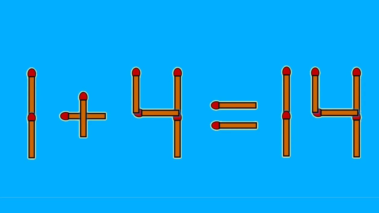 Test IQ cu chibrituri | Corectați 1 + 4 = 14, mutând două bețe