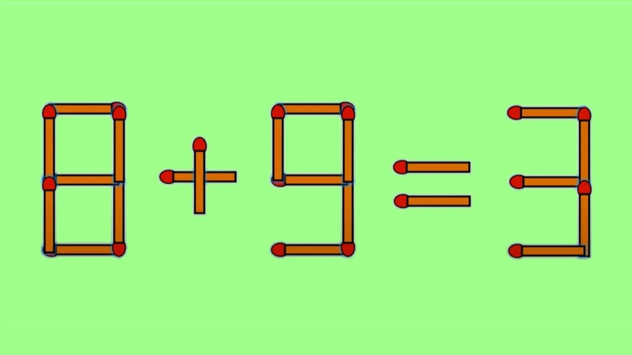 TEST IQ | Corectați 8 + 9 = 3, mutând un singur băț de chibrit