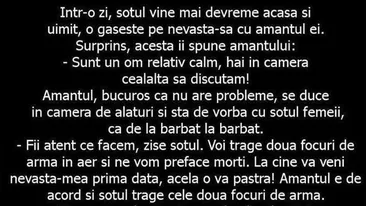 BANCUL ZILEI | Într-o zi, soțul vine mai devreme acasă și o găsește pe nevastă-sa cu amantul ei