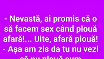 BANCUL ZILEI | Nevastă, ai promis că o să facem dragoste când plouă afară. Uite, afară plouă!
