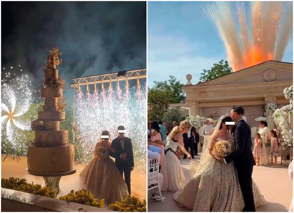 Nunta virală din Timișoara a dus extravaganța la alt nivel! Bolizi de milioane, tort cu zece etaje și cârnați atârnați în copaci
