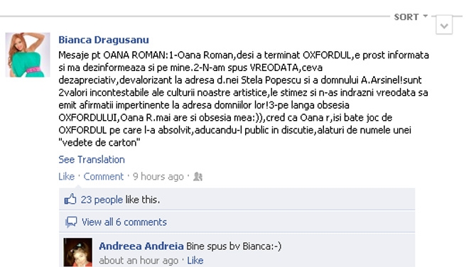 Bianca Dragusanu ii da replica Oanei Roman: "E prost informata si isi bate joc de Oxfordul pe care l-a absolvit!"