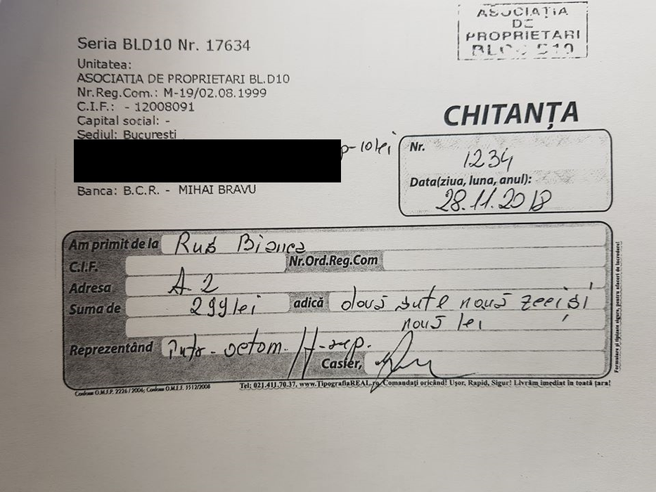 Chitanțele de la întreținere sunt tot pe numele Biancăi