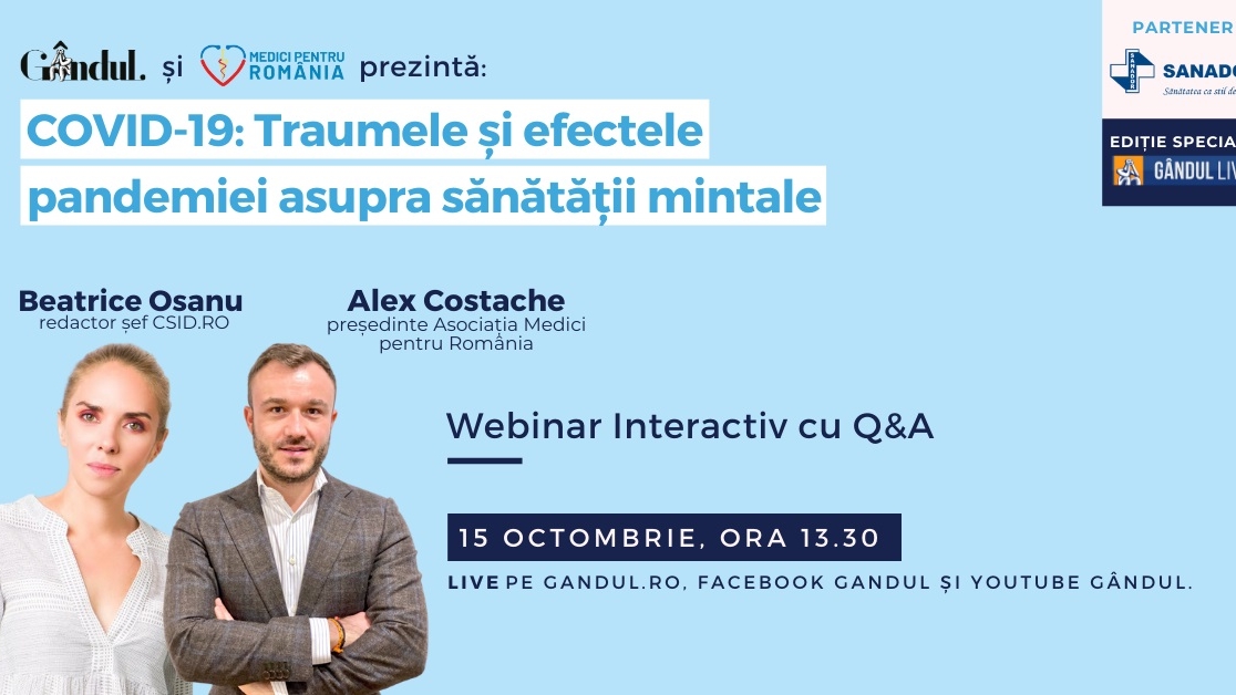 Află care sunt efectele statului în casă asupra psihicului și cum controlăm anxietatea pe timp de pandemie! Astăzi de la 13.30 în webinarul LIVE - Traumele și efectele pandemiei asupra sănătății mintale!