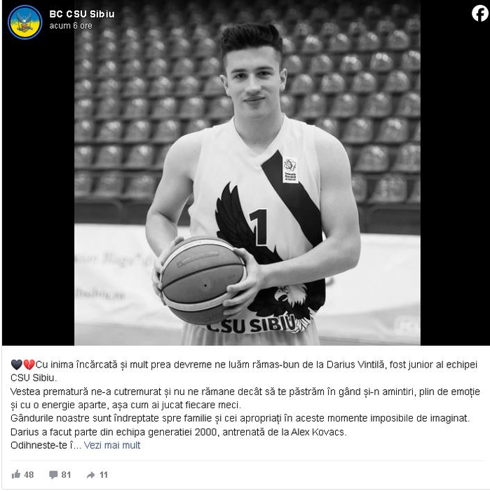 BREAKING | Darius Vintilă, fost jucător la CSU Sibiu, a murit fulgerător la doar 24 de ani
