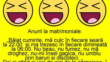 BANC | Anunț la matrimoniale: Băiat cuminte, mă culc în fiecare seară la 22:00 și mă trezesc în fiecare dimineță la 6:00